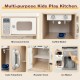 Kids kitchen playset featuring a microwave, coffee maker, and ice maker with LED lights for interactive play.