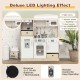 Kids kitchen playset in white with LED lights, removable bins, and various accessories for imaginative play.