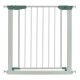White safety gate with 30-32.5" width, one-handed release, and pressure mounting for baby and pet protection.