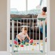 Safety gate in white, 30-32.5 inches wide, installed in a home to protect kids and pets while playing on the floor.