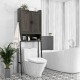 Over the toilet storage cabinet in gray with double doors and adjustable shelves, ideal for organized bathroom supplies.