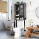 Over the toilet storage cabinet in gray with adjustable shelves and sliding acrylic door for organized bathroom storage.