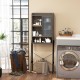 Over the toilet storage cabinet in gray with sliding acrylic door and adjustable shelves for organized bathroom items.