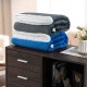 Stack of heated electric blanket throws in blue, gray, and white sherpa fleece for cozy warmth and comfort.
