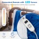 Heated electric blanket throw in blue with LED remote, featuring 10 heat levels and soft velvet for comfort.