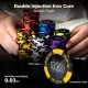 Stack of 14-gram Texas Holdem poker chips with double injection iron core, ideal for casino-style gameplay and.