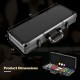 Poker chip set carrying case showing dimensions, featuring 14g chips and secure storage for card games.