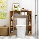 Over the toilet storage cabinet in natural finish with a side view showing adjustable shelves and open compartments for.