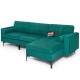 L-shaped sectional sofa in peacock blue suede with USB port, featuring ergonomic cushions and side pocket for storage.