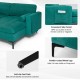 L-shaped sectional sofa in peacock blue suede with side pocket, metal legs, and anti-slip foot pads for stability.