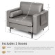 Modern single sofa in gray leathaire fabric with cushion bolster and side storage pocket for versatile living room use.