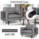 Modern single sofa in gray leathaire fabric with bolster, side storage pocket, and solid metal legs, supports 660 lbs.