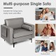 Modern single sofa in gray leathaire fabric with cushion bolster and side storage pocket, ideal for living room or.