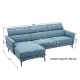 L-shaped blue sofa couch with adjustable headrests, thick cushions, and sturdy metal legs, perfect for living room.