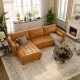 Top view of a brown L-shaped sectional sofa with tufted air leather and wide chaise, perfect for spacious living rooms.