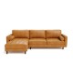 L-shaped brown sectional sofa with tufted air leather, featuring bolster pillows and solid birch wood legs for living.