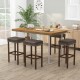 Saddle-shaped upholstered bar stools in gray with footrests, perfect for dining rooms and kitchen islands.