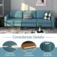 Convertible blue leather sofa couch with removable cushion covers and side storage pockets for magazines and remotes.