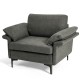 Gray modern fabric accent armchair showcasing thick padding and a sloped backrest for enhanced ergonomic comfort.