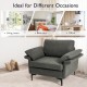 Gray modern fabric accent armchair with ergonomic cushions and metal legs, ideal for living room, bedroom, or office.