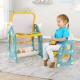 Kids art easel with chair, multicolor, featuring adjustable whiteboard and storage, perfect for playroom activities.