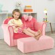 Ultra soft velvet kids sofa chair in pink with ottoman, perfect for toddlers aged 0-5 for reading and playing.