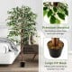 Tall artificial ficus tree with 1008 leaves, solid wood trunk, and large PP base for stable indoor decor.