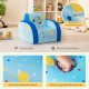 Convertible kids sofa in blue with planet pattern, made of soft velvet, perfect for play and nap time.
