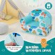 Kids armchair in blue with plush velvet cover, featuring a detachable, machine washable design for easy cleaning.