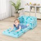 Kids recliner sofa in blue with dinosaur pattern, converts to sleeper bed, ideal for comfort and playtime.