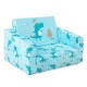 Kids recliner sofa in blue with dinosaur pattern, convertible to sleeper bed, featuring plush upholstery and storage.