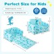 Kids recliner sofa in blue with dinosaur pattern, converts to sleeper bed, features armrests and storage pockets.