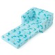 Kids recliner sofa in blue with dinosaur pattern, converts to sleeper bed, featuring soft upholstery and storage.
