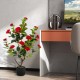 Artificial camellia tree with vibrant red flowers and thick PE trunk in a cement pot, ideal for hassle-free indoor.