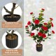 38-inch artificial camellia tree with red flowers in a solid cement pot, perfect for year-round decoration.
