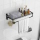 Wall mounted towel shelf in black with adjustable towel bar, hooks, and space-saving design for bathroom storage.