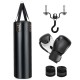 Hanging punching bag set with gloves, hand wraps, and ceiling hook for boxing and kickboxing training.