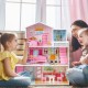 Kids wooden dollhouse playset with 5 rooms and movable furniture, perfect for imaginative play and coordination skills.