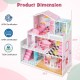 3-story pink wooden dollhouse playset with 5 rooms and 10 furniture pieces for imaginative play and creativity.