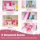 Kids wooden dollhouse playset featuring 5 simulated rooms and movable furniture in pink, ideal for imaginative play.
