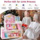 Kids wooden dollhouse playset in pink with 5 rooms and movable furniture, perfect for imaginative play and creativity.