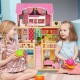 Doll house playset featuring 3 stories, 6 rooms, and 15 furniture pieces in pink, perfect for imaginative play.