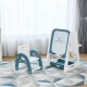 Kids 2-in-1 easel desk chair set in blue with adjustable art board and book rack for creative learning and storage.