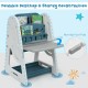 Kids easel desk chair set in blue with adjustable height, foldable desktop, and storage for art supplies and books.