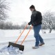 Snow shovel with wheels featuring a 30-inch wide blade, adjustable handle, and foam-padded grip for comfortable use.