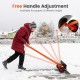 Snow shovel with adjustable handle shown in use, designed for efficient snow removal with 30-inch wide blade and sturdy.