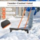 Snow shovel with 30-inch wide blade and adjustable handle, featuring sturdy metal construction and all-terrain wheels.