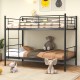 Metal bunk bed in black with ladder and guardrails, designed for stability and space-saving in youth hotels or dorms.