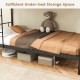 Metal bunk bed with under-bed storage space, featuring a black finish and safety guardrails for stability and safety.