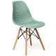 Modern green plastic chair with beech wood legs, featuring a breathable mesh design for dining or office use.